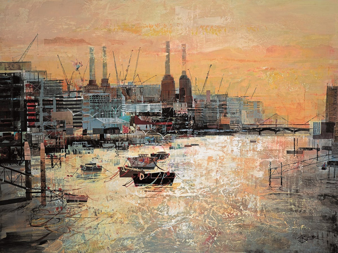 Tom Butlers Low Tide at Battersea shows the famous power station at dusk with calming evening colours