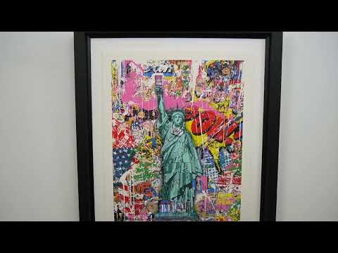 Mr. Brainwash’s Liberty 22, a bold tribute to freedom, with vibrant colours, graffiti elements, and an iconic Statue of Liberty image, available at Startle Gallery
