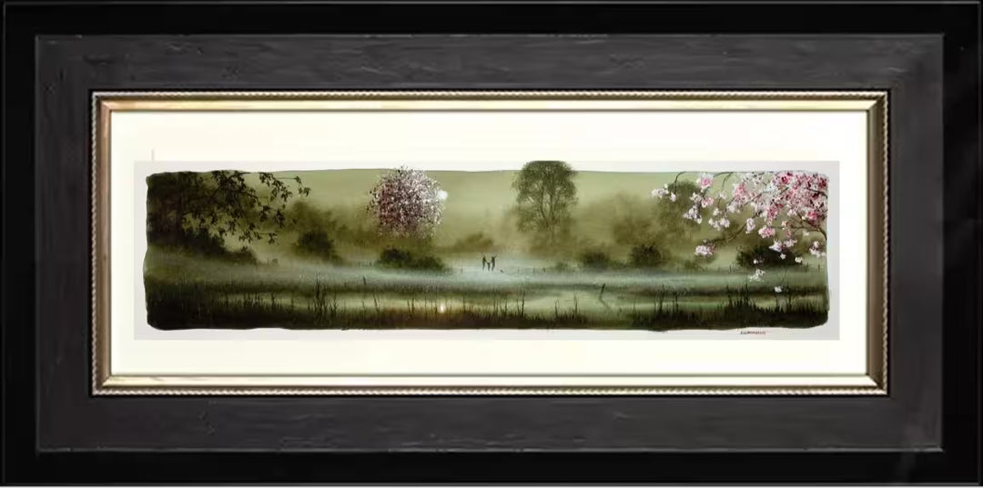 A John Waterhouse original study of a clearing with people in the back and pink cherry blossom trees, the title is 1-2-3 Jump
