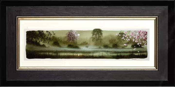 A John Waterhouse original study of a clearing with people in the back and pink cherry blossom trees, the title is 1-2-3 Jump