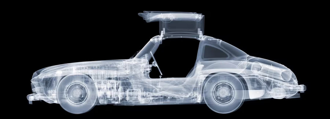 A limited edition Chromaluxe print by Nick Veasey of an X-Rayed vehicle, the title is 1955 Mercedes Gull-Wing 