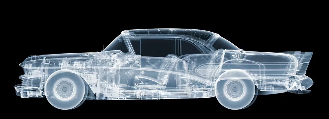 A limited edition Chromaluxe print by Nick Veasey of an X-Rayed vehicle, the title is 1958 Buick Special Coupe