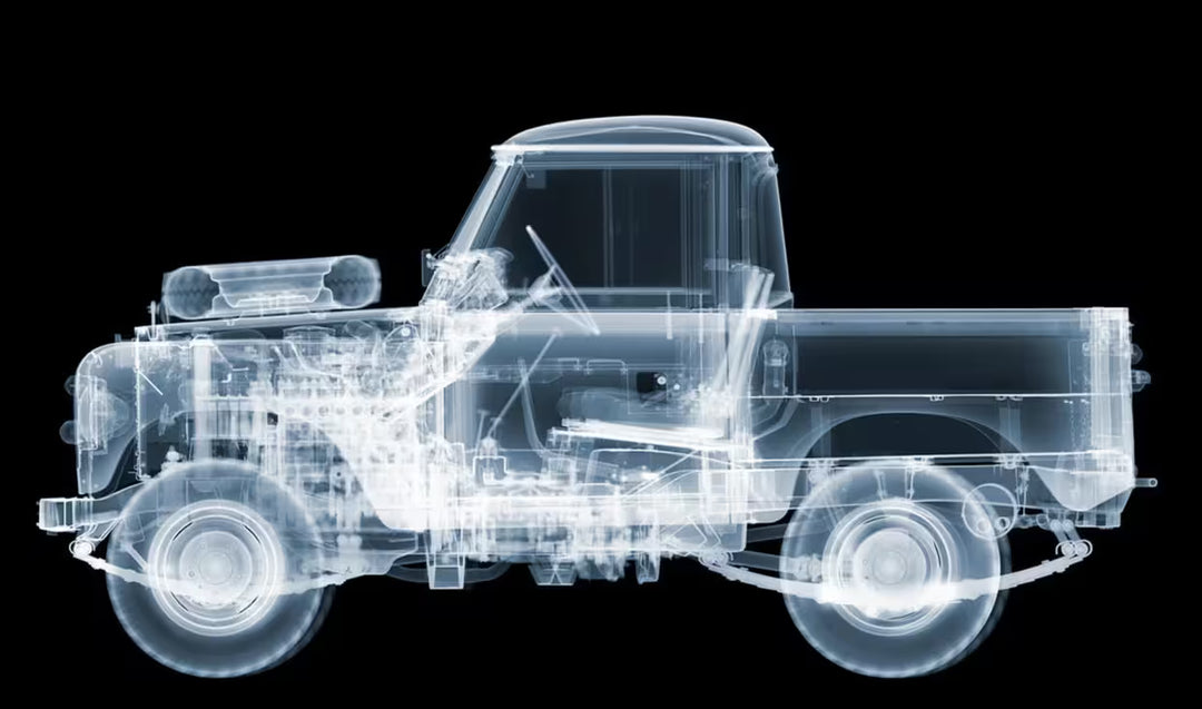 A limited edition Chromaluxe print by Nick Veasey of an X-Rayed vehicle, the title is Land Rover Pickup