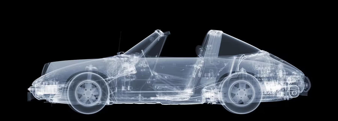 A limited edition Chromaluxe print by Nick Veasey of an X-Rayed vehicle, the title is 1972 Porsche 911 Targa
