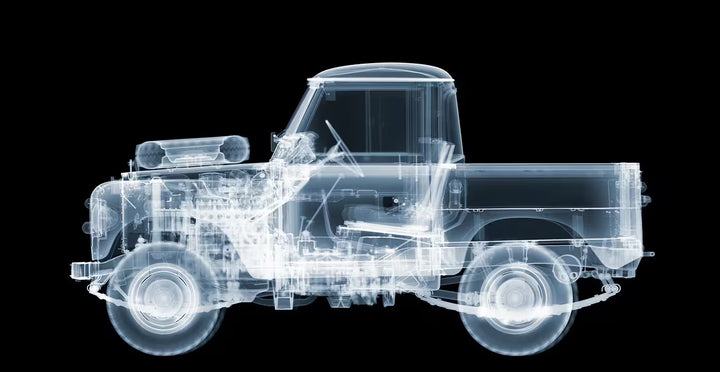 A limited edition Chromaluxe print by Nick Veasey of an X-Rayed vehicle, the title is Land Rover Pickup