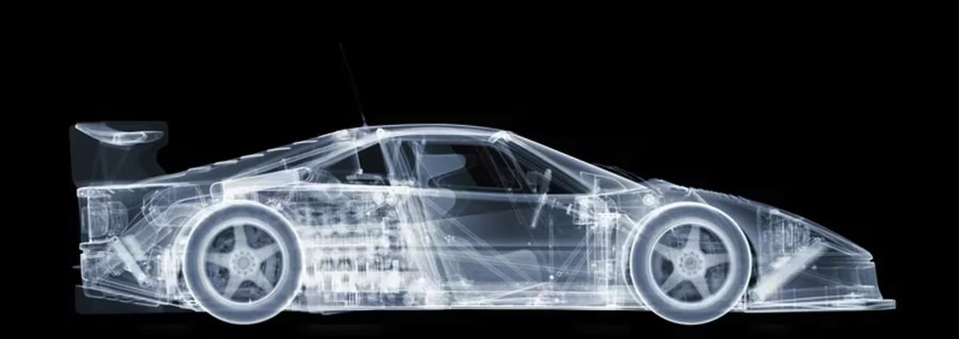 A limited edition Chromaluxe print by Nick Veasey of an X-Rayed vehicle, the title is 1988 Ferrari F40 GTE