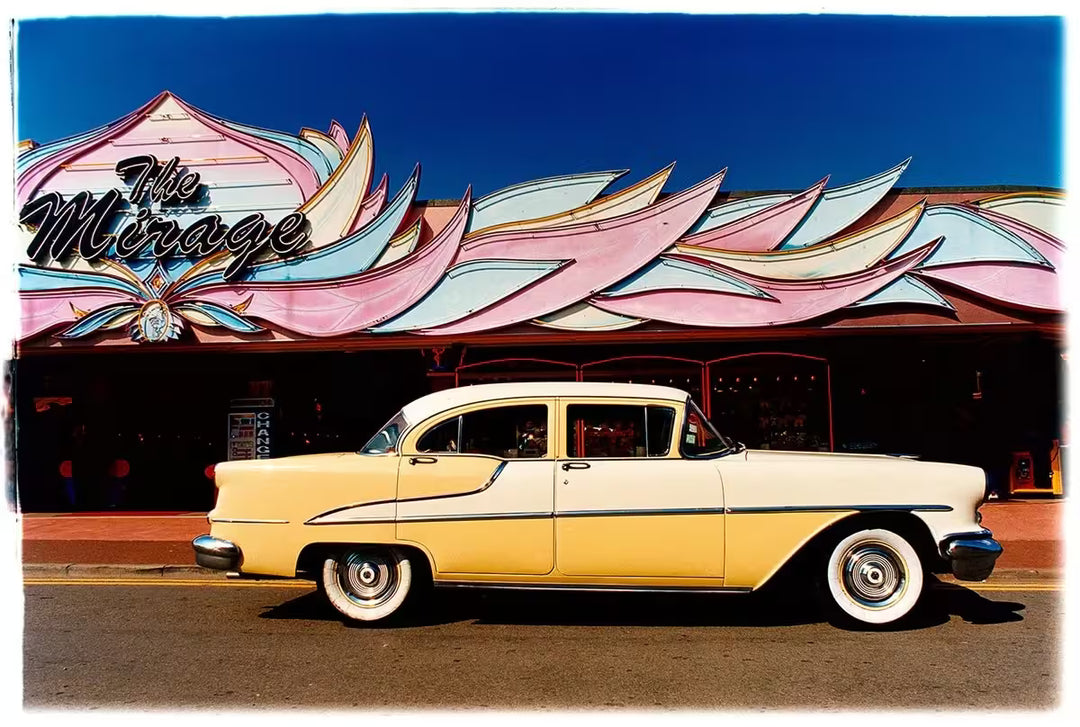 A limited edition photograph by Richard Heeps using vibrant colours, the title is 55 Oldsmobile 88, Hemsby, Norfolk, 1998