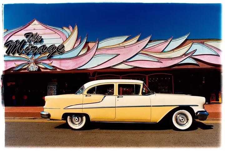 A limited edition photograph by Richard Heeps using vibrant colours, the title is 55 Oldsmobile 88, Hemsby, Norfolk, 1998