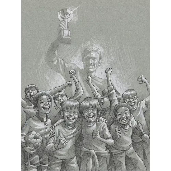 A Craig Davison limited edition of children cheering with footballs and jerseys, the title is 60 Years of Hurt (Sketch)