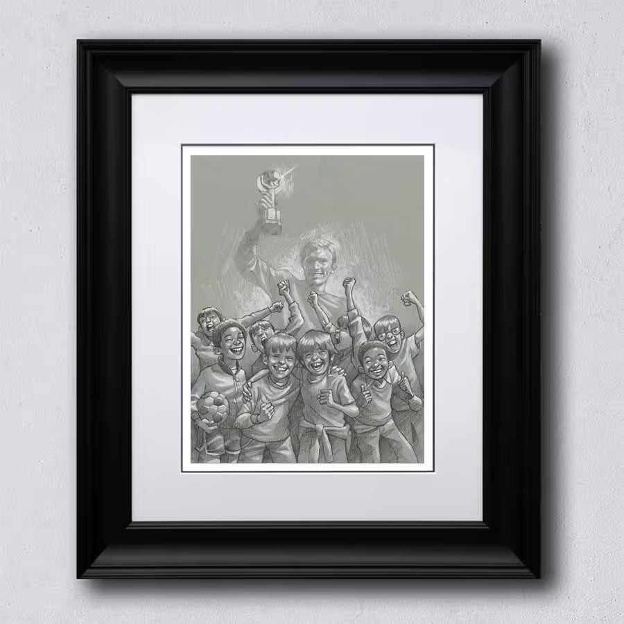 A Craig Davison limited edition of children cheering with footballs and jerseys, the title is 60 Years of Hurt (Sketch)