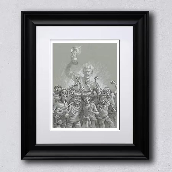 A Craig Davison limited edition of children cheering with footballs and jerseys, the title is 60 Years of Hurt (Sketch)