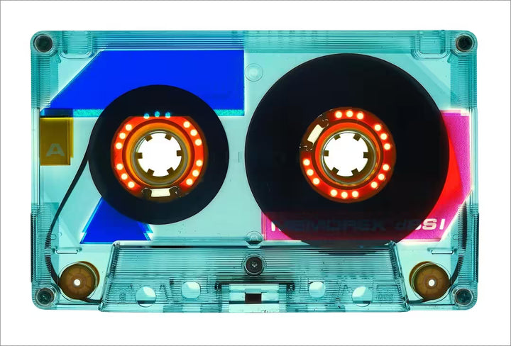 A limited edition photograph by Richard Heeps using vibrant colours, the title is Tape Collection 90 Minutes Vintage Blue