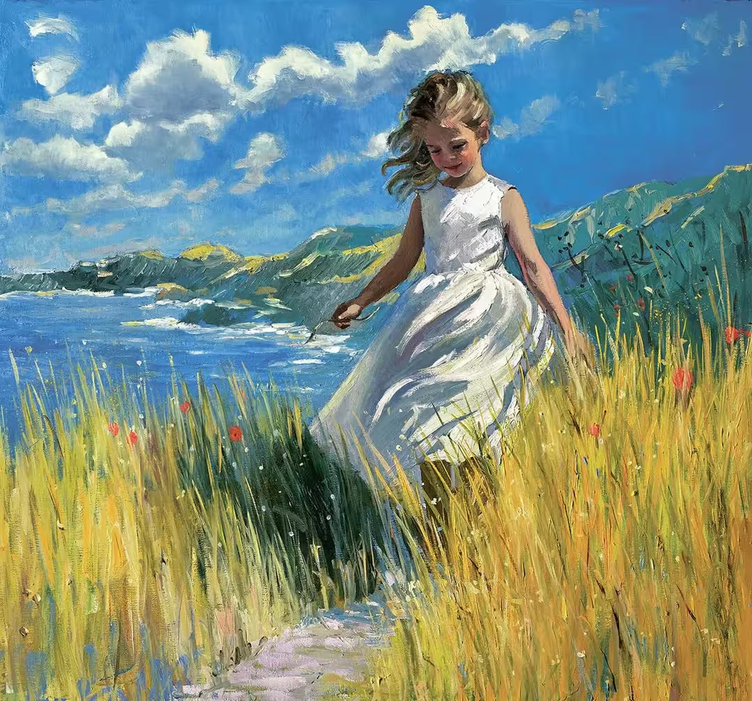 A Sherree Valentine Daines limited edition of a girl in a white dress walking through tall grass and flowers, the title is A Coastline Stroll