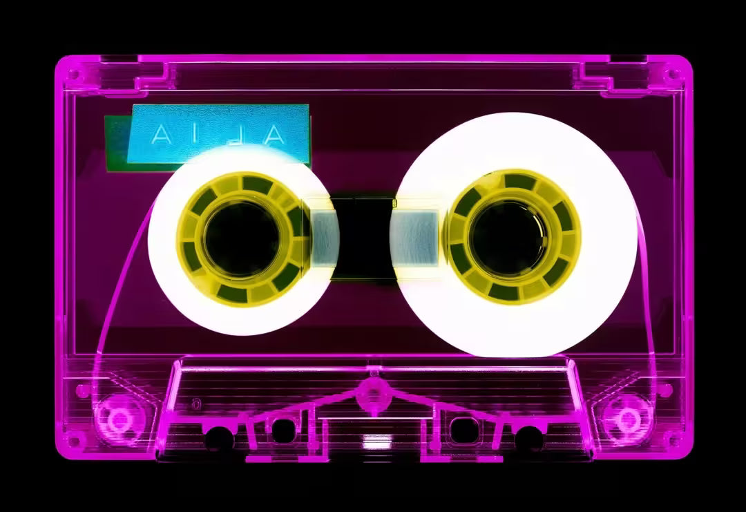 A limited edition photograph by Richard Heeps using vibrant colours, the title is Tape Collection AILA Pink