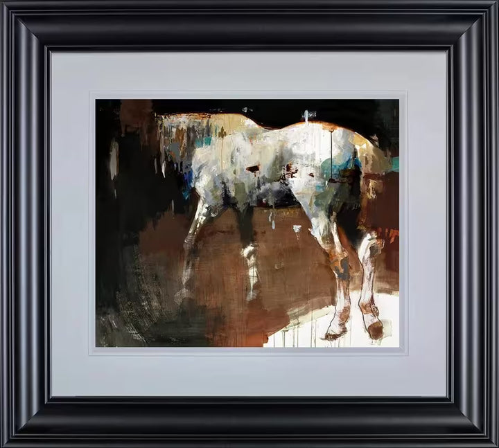 A framed limited edition by Christian Hook of a horse in the shadows with it&