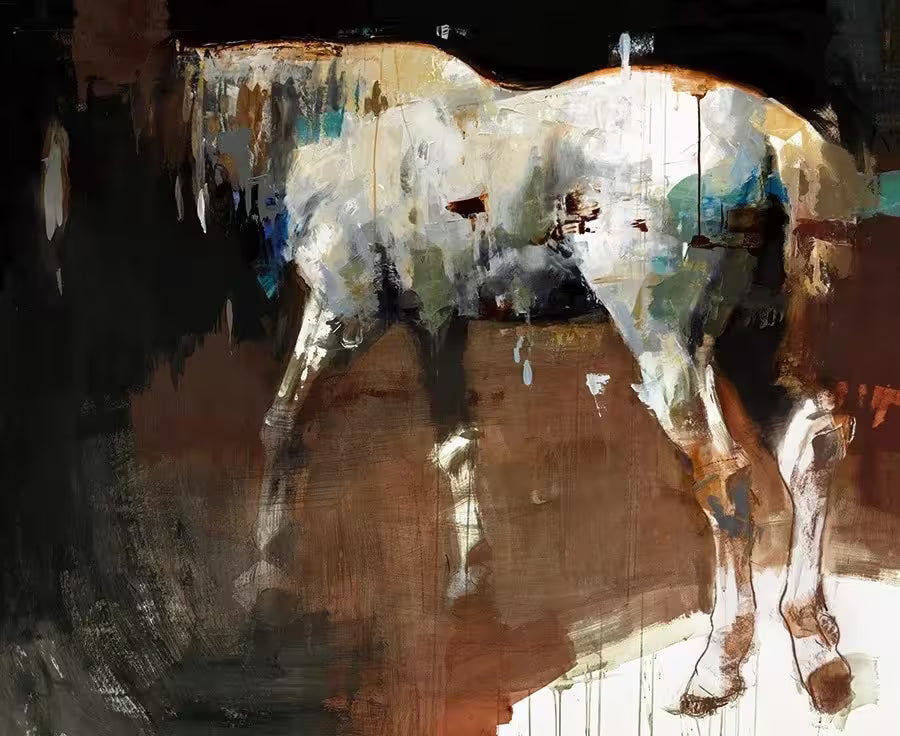 A limited edition by Christian Hook of a horse in the shadows with it's back two legs in the light, the title is A Line In The Balance