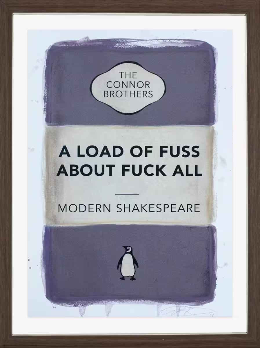 A limited edition framed print by The Connor Brothers of a penguin book cover with a witty line across the front, the title is A Load of Fuss About Fuck All (Purple)