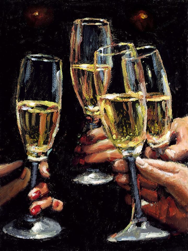 Fabian Perez’s A Night to Remember, an intimate composition featuring champagne glasses and a warm, ambient glow, capturing a memorable evening.