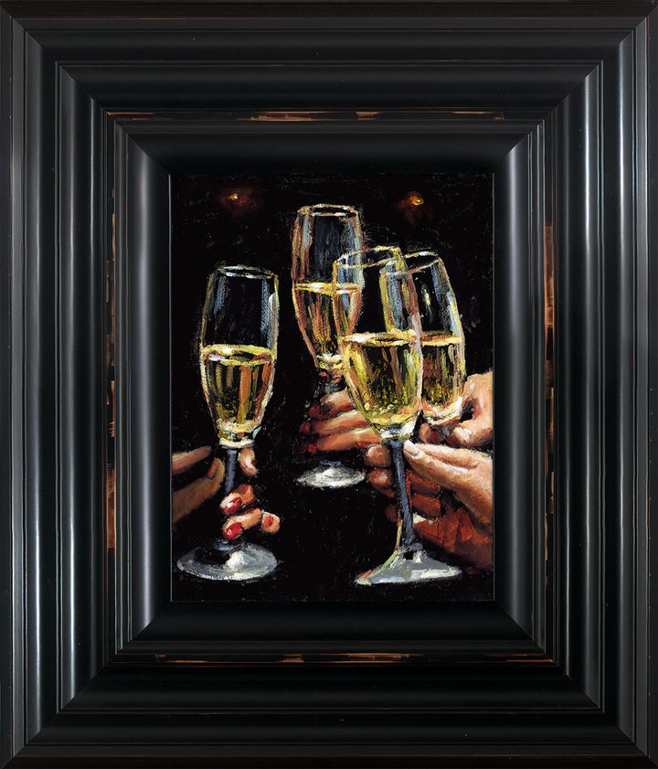 A Night to Remember by Fabian Perez, depicting a sophisticated evening setting with champagne glasses, warm tones, and an intimate atmosphere