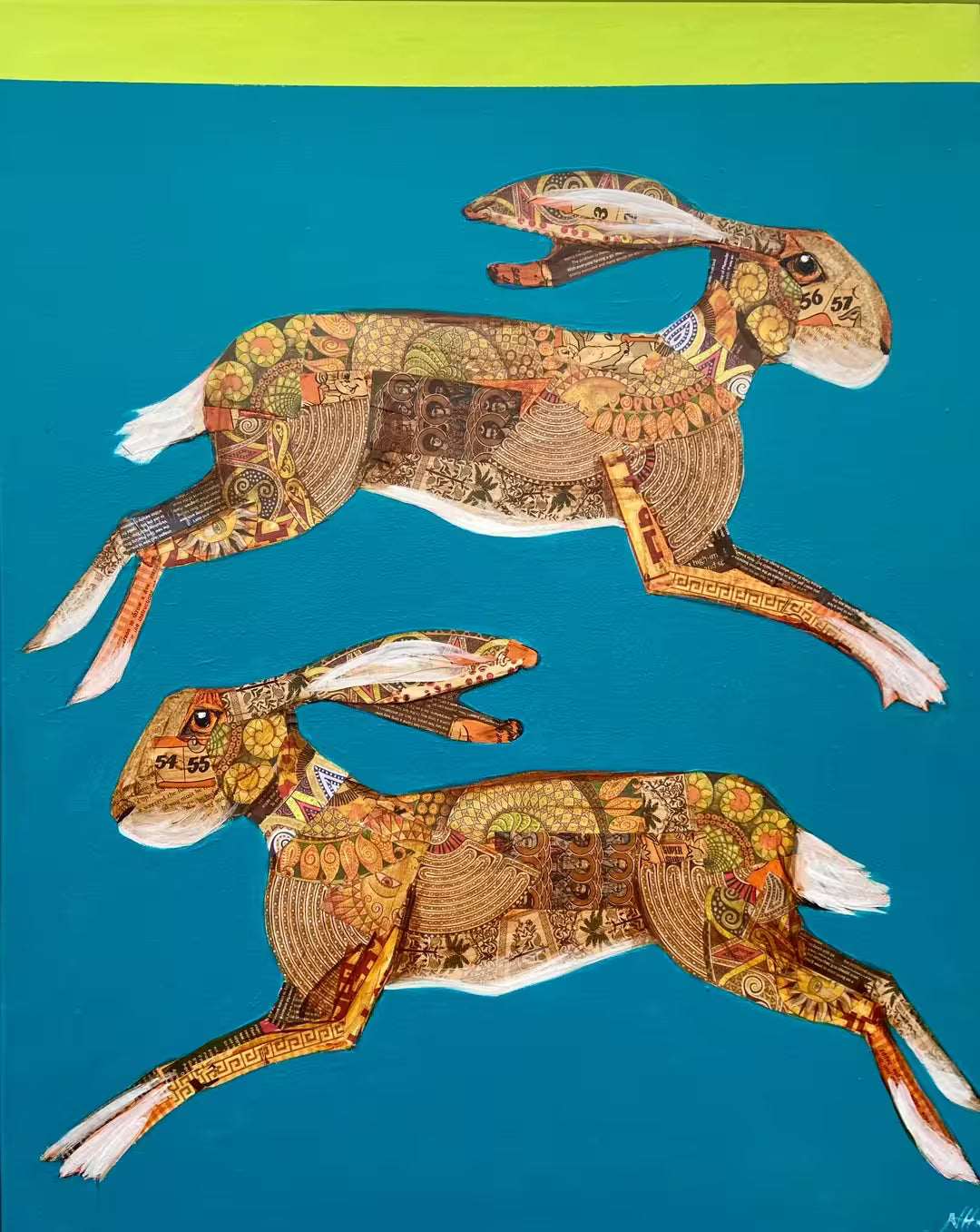A Nicola Hart original of two hares leaping in front of a teal background, the title is A Merry Dance