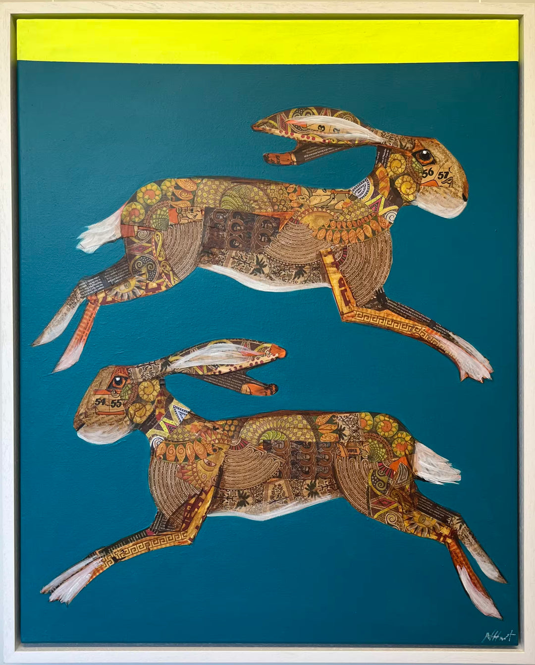 A Nicola Hart original of two hares leaping in front of a teal background, the title is A Merry Dance
