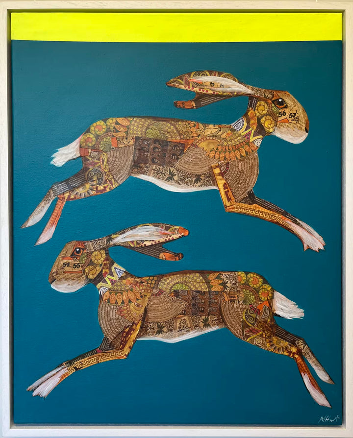 A Nicola Hart original of two hares leaping in front of a teal background, the title is A Merry Dance