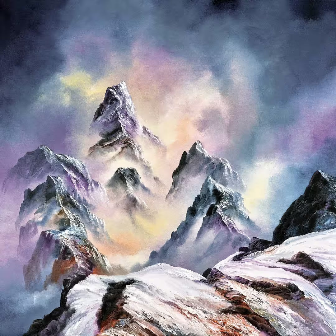 A Philip Gray limited edition print of a mountain range with the surrounding clouds glowing purple and orange, the title is A New World