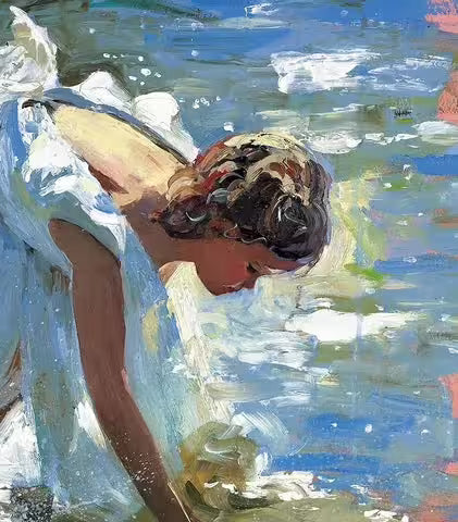 A Sherree Valentine Daines limited edition of a girl in a white dress picking something up from the water, the title is Adventures by the Sea