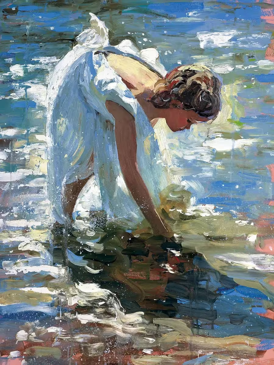 A Sherree Valentine Daines limited edition of a girl in a white dress picking something up from the water, the title is Adventures by the Sea