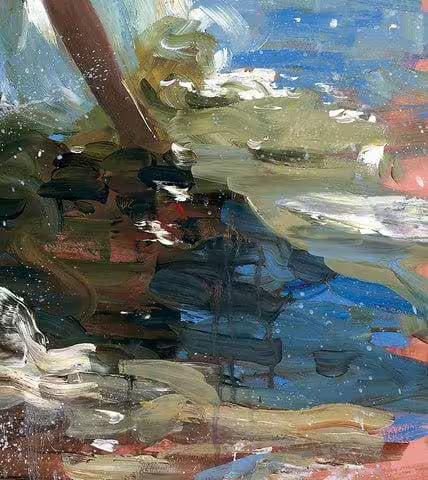A Sherree Valentine Daines limited edition of a girl in a white dress picking something up from the water, the title is Adventures by the Sea
