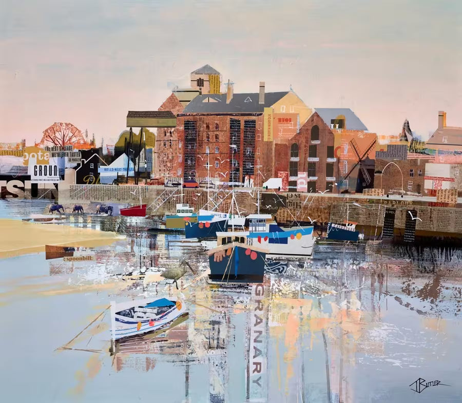 A Tom Butler limited edition hand embellished print of Wells-Next-The-Sea, it shows a collage of the Granary with boats docked in front of it, the title is All's-Well-Next-The-Sea