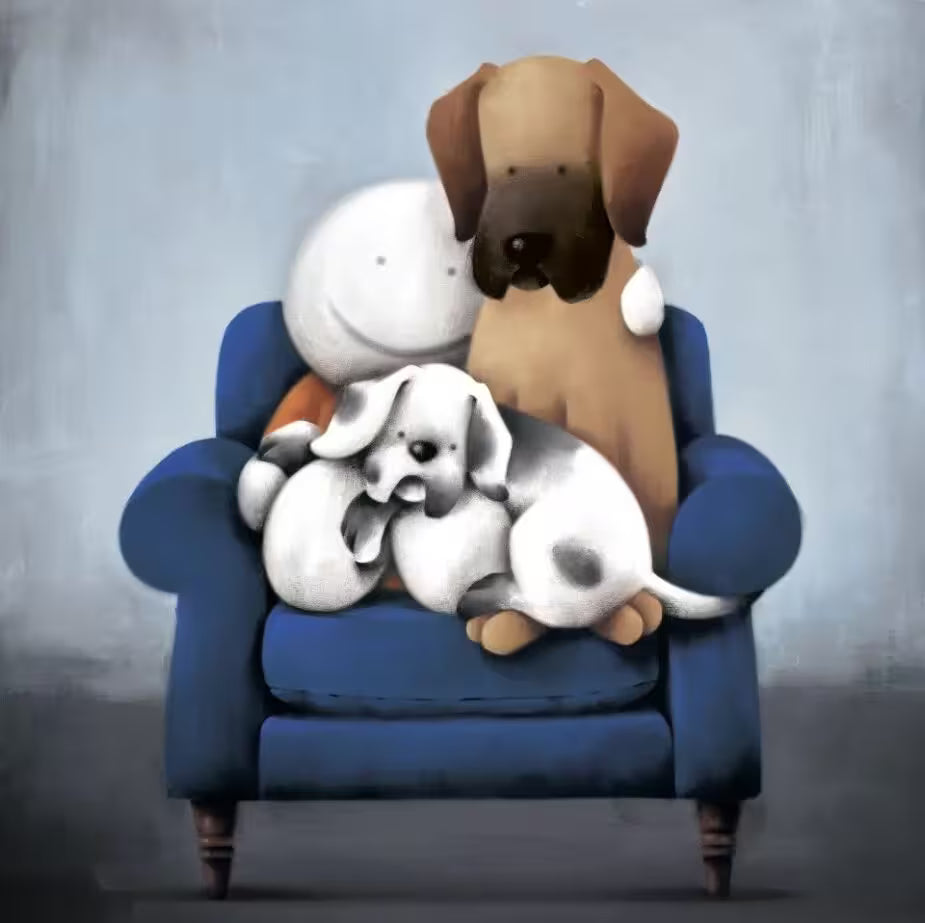A Doug Hyde limited edition print of a large dog sitting next to a smaller dog on a blue sofa, title Always by Your Side