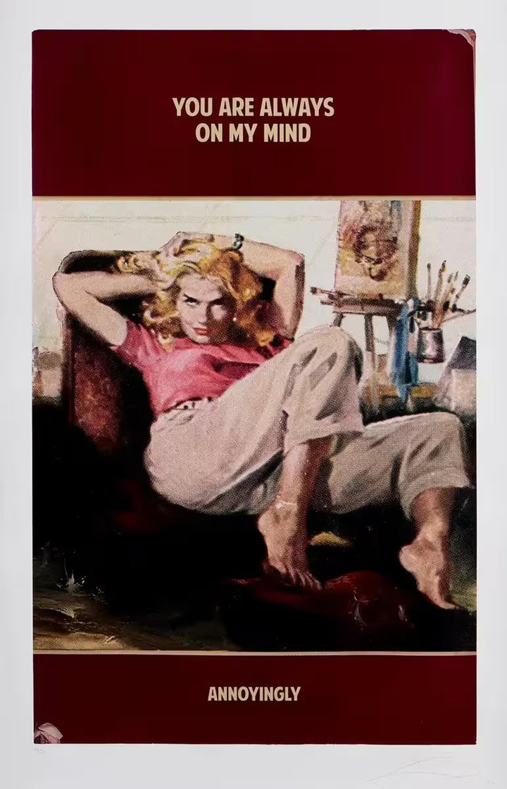 A limited edition by The Connor Brothers of a woman posing with a canvas and paintbrushes behind her, the title is Always on My Mind