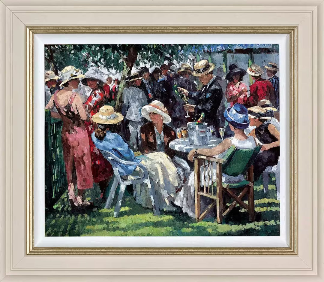 A Sherree Valentine Daines framed limited edition of a group of well dressed people on a sunny day, the title is An Elegant Gathering