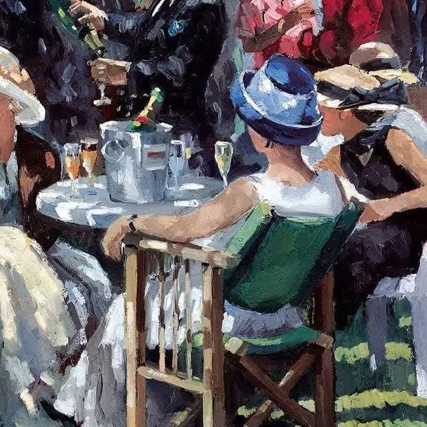 A Sherree Valentine Daines limited edition of a group of well dressed people on a sunny day, the title is An Elegant Gathering