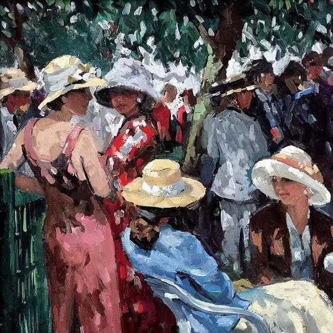 A Sherree Valentine Daines limited edition of a group of well dressed people on a sunny day, the title is An Elegant Gathering