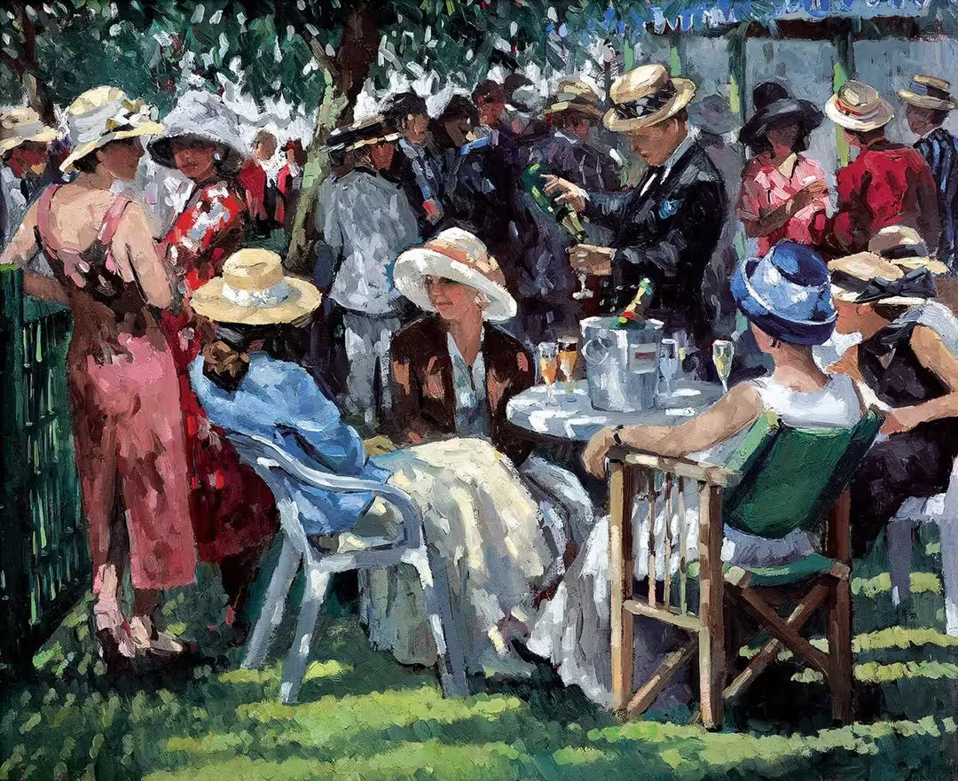 A Sherree Valentine Daines limited edition of a group of well dressed people on a sunny day, the title is An Elegant Gathering