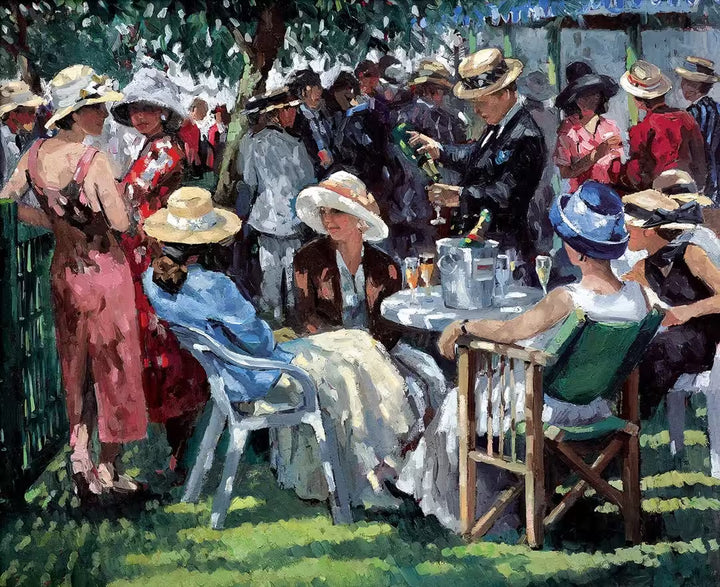 A Sherree Valentine Daines limited edition of a group of well dressed people on a sunny day, the title is An Elegant Gathering