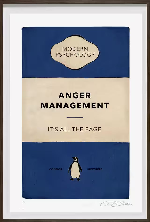 A limited edition framed print by The Connor Brothers of a penguin book cover with a witty line across the front, the title is Anger Management