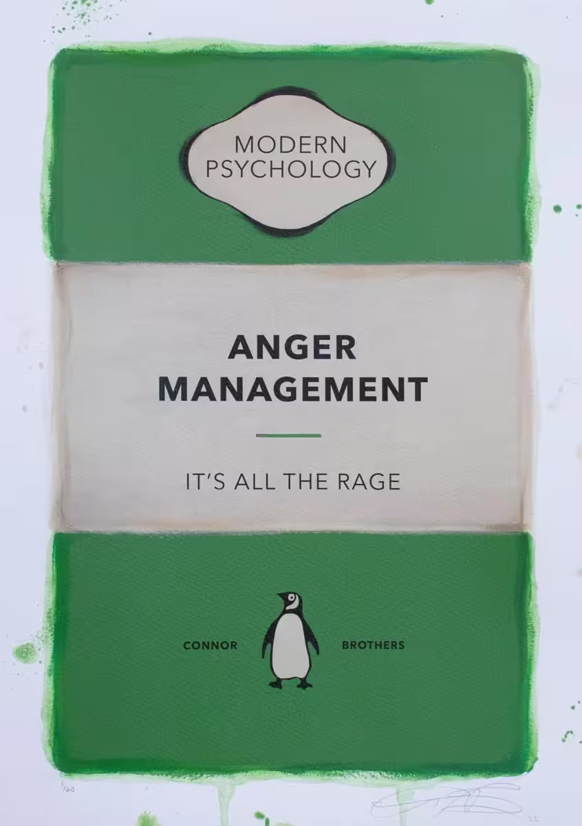 A limited edition print by The Connor Brothers of a penguin book cover with a witty line across the front, the title is Anger Management (Green)