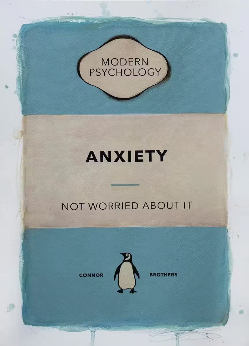 A limited edition print by The Connor Brothers of a penguin book cover with a witty line across the front, the title is Anxiety (Blue)