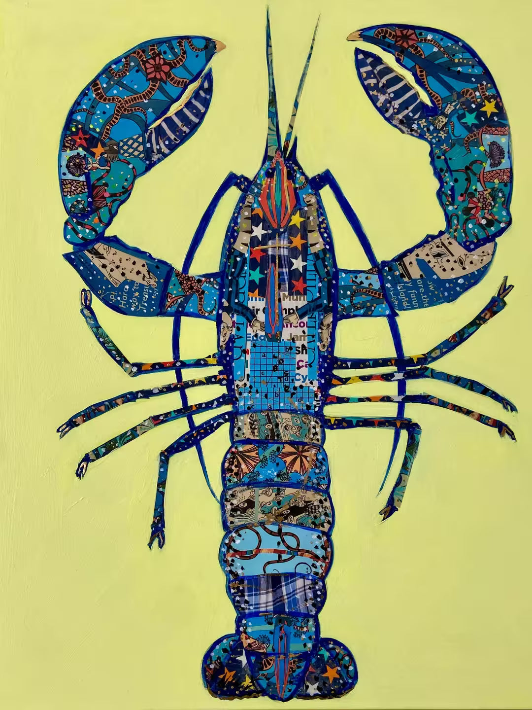 A Nicola Hart original of a collaged blue lobster against a green background, the title is Are You Having Fun?