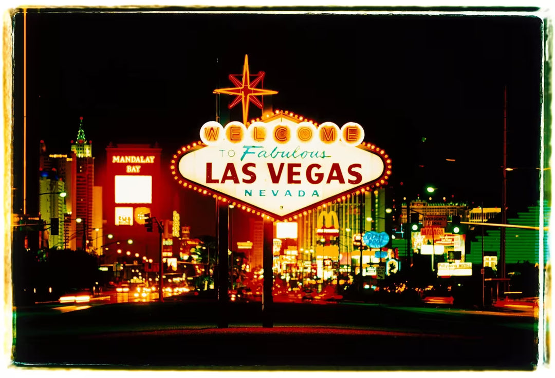 A limited edition photograph by Richard Heeps using vibrant colours, the title is Arriving Las Vegas 2002