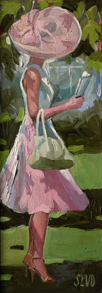 A Sherree Valentine Daines original of a lady in a pink dress and hat, the title is Ascot Beauty