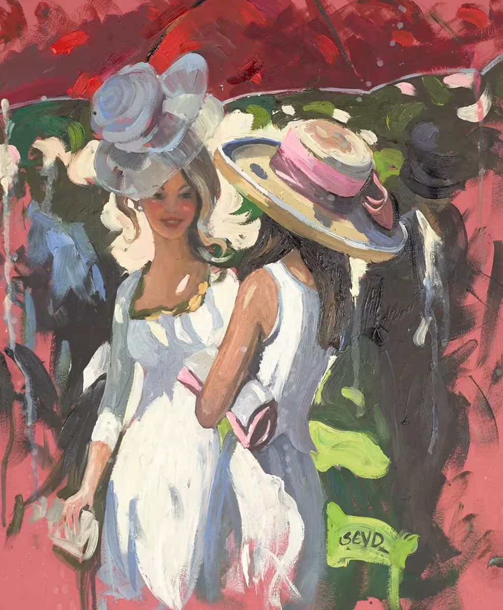 A Sherree Valentine Daines original of two ladies in white dresses, the title is Ascot Moments