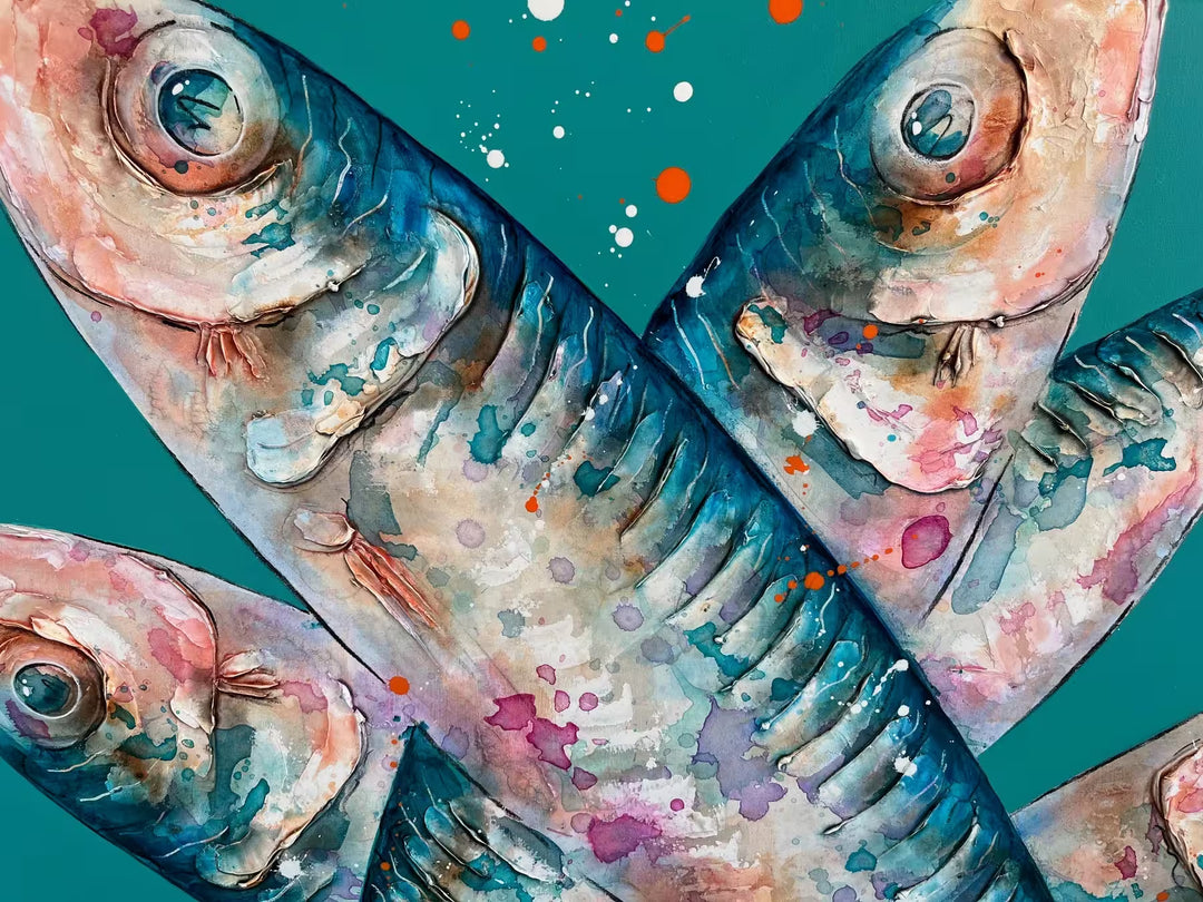 A Giles Ward original of a group of fish stacked on top of one another, the title is At The Moment We Are