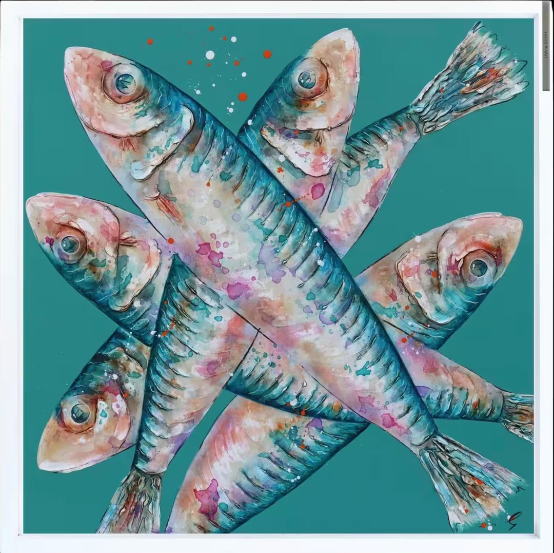 A Giles Ward original of a group of fish stacked on top of one another, the title is At The Moment We Are