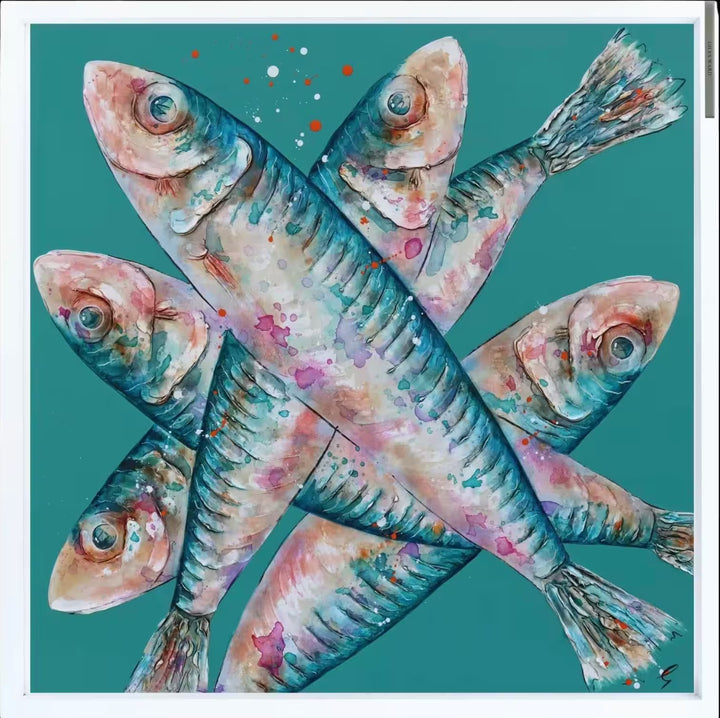 A Giles Ward original of a group of fish stacked on top of one another, the title is At The Moment We Are