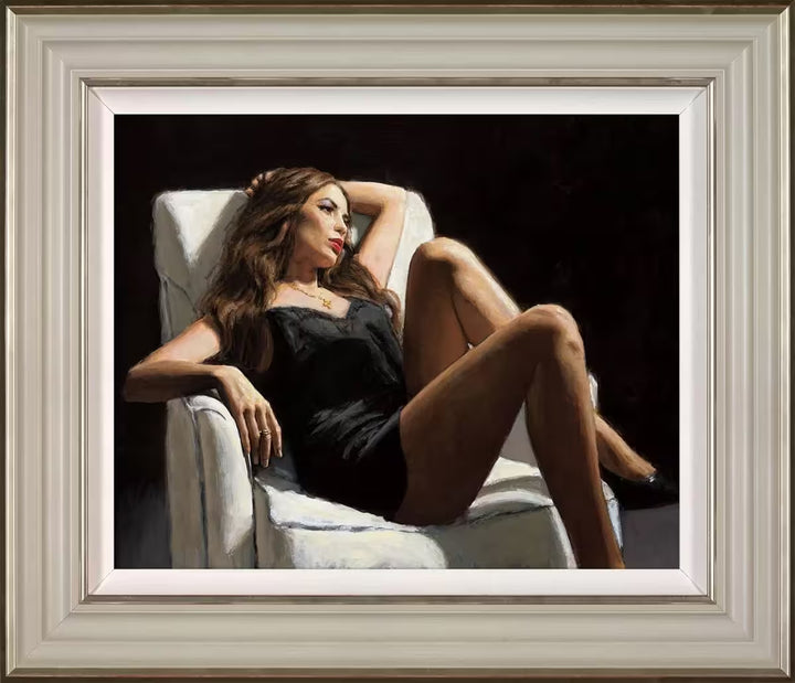 A framed Fabian Perez limited edition of a lady in a black dress posing on a chair, the title is At The Four Seasons I