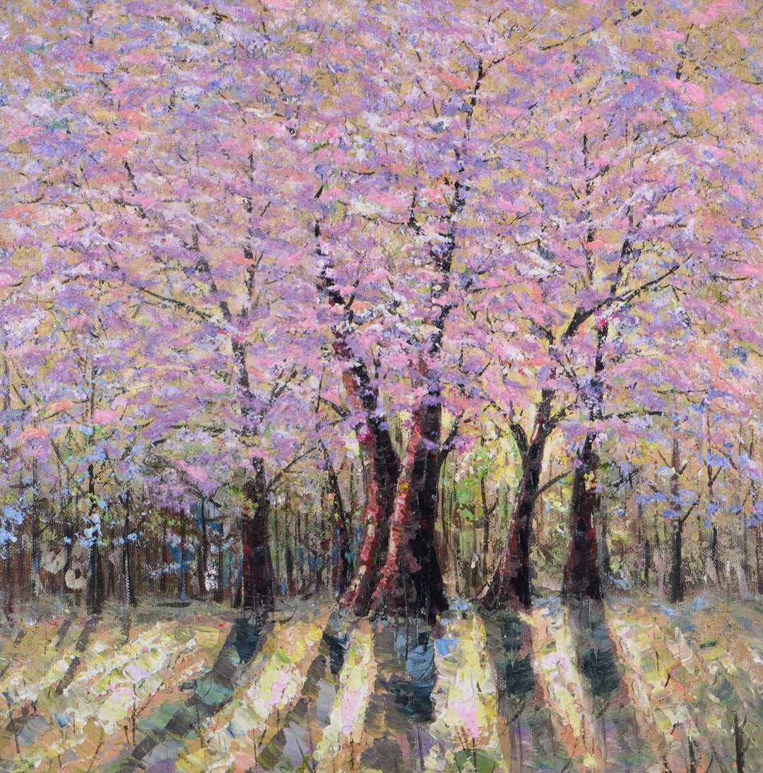 Painting of cherry blossom trees in full bloom with a soft, pastel colour palette by the artist Inam